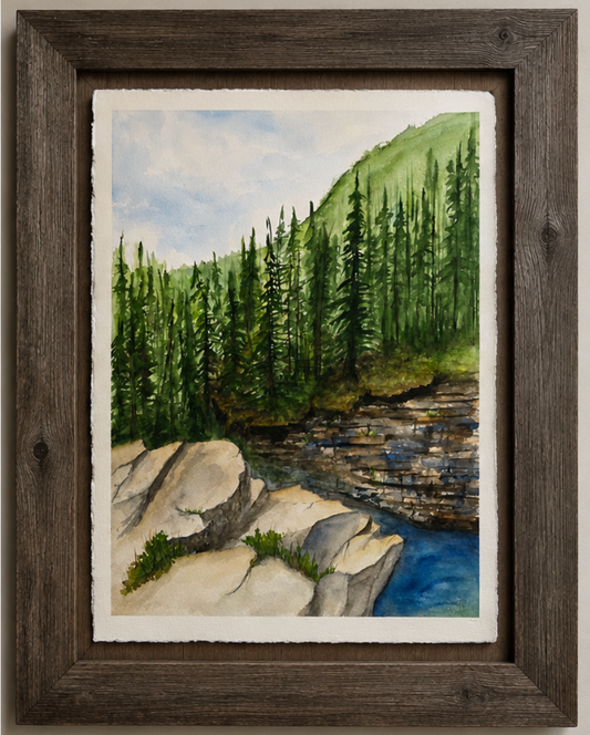 After the Falls — original watercolour landscape of the Elbow Falls area by Erin Maltman. Frame shown is representative of the intended final framing and is for depiction purposes only.